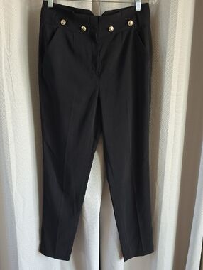 White House Black Market Black High-Waist Trousers with Gold Button Detail Sz 8